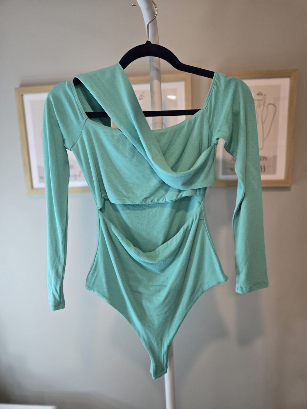 Naked Wardrobe Mint Green Draped Long Sleeve Bodysuit